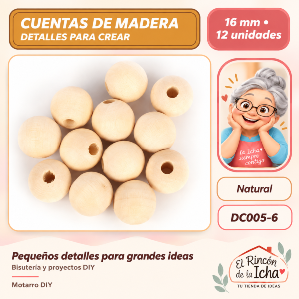 Cuentas de madera natural – 16 mm – 12 unidades