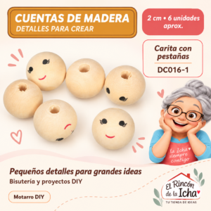 DC016-1 Cuentas de madera con carita y pestañas – 2 cm – 6 unidades aprox.