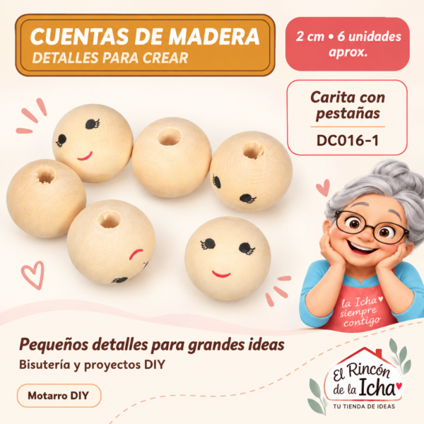 Cuentas de madera con carita y pestañas – 2 cm – 6 unidades aprox.