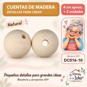 DC016-10 Cuentas redondas de madera – Natural – 4 cm aprox. – 2 unidades