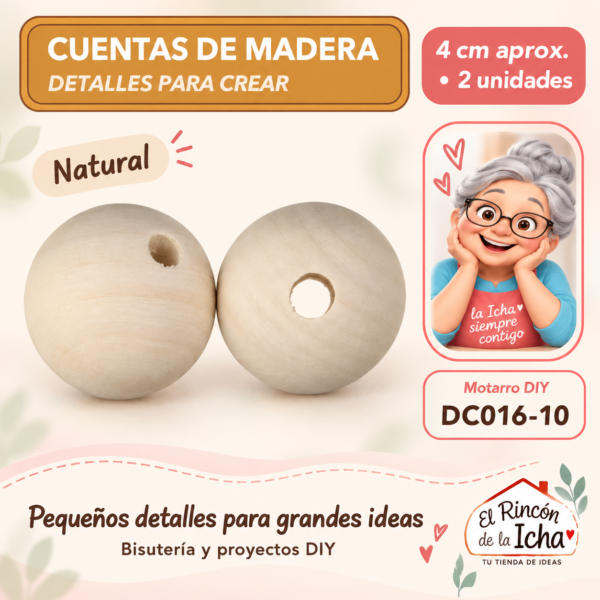 Cuentas redondas de madera – Natural – 4 cm aprox. – 2 unidades