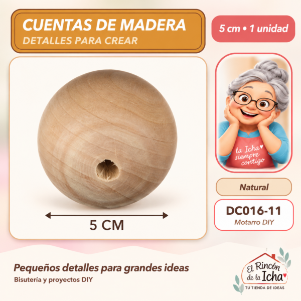Cuenta redonda de madera – Natural – 5 cm – 1 unidad