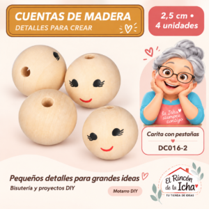 DC016-2 Cuentas de madera con carita – Pestañas – 2,5 cm – 4 unidades