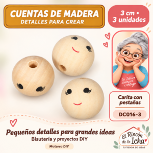 DC016-3 Cuentas de madera con carita – Pestañas – 3 cm – 3 unidades