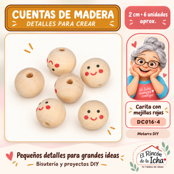 Cuentas de madera con carita – Mejillas rojas – 2 cm – 6 unidades aprox.
