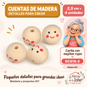 DC016-5 Cuentas de madera con carita – Mejillas rojas – 2,5 cm – 4 unidades