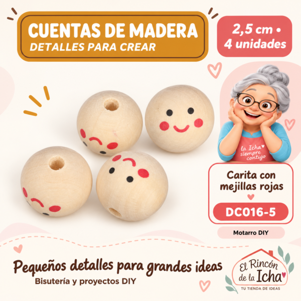 Cuentas de madera con carita – Mejillas rojas – 2,5 cm – 4 unidades