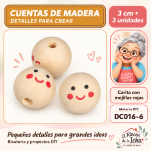 DC016-6 Cuentas de madera con carita – Mejillas rojas – 3 cm – 3 unidades