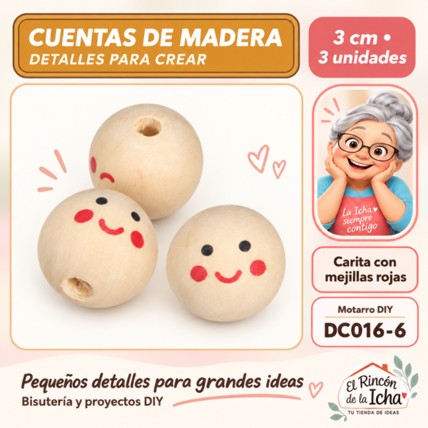 Cuentas de madera con carita – Mejillas rojas – 3 cm – 3 unidades