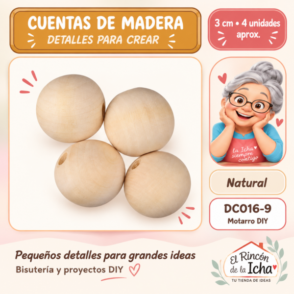 Cuentas redondas de madera – Natural – 3 cm – 4 unidades aprox.