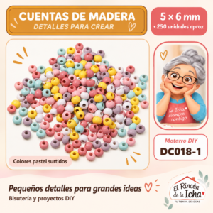 DC018-1 Cuentas de madera – Colores pastel surtidos – 5 × 6 mm – 250 unidades aprox.