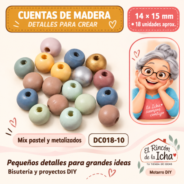 Cuentas de madera – Mix pastel y metalizados – 14 × 15 mm – 18 unidades aprox.