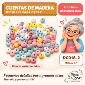 DC018-2 Cuentas de madera – Colores pastel surtidos – 7 × 8 mm – 90 unidades aprox.