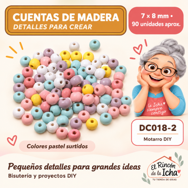 Cuentas de madera – Colores pastel surtidos – 7 × 8 mm – 90 unidades aprox.