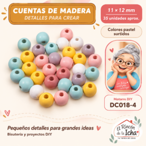 DC018-4 Cuentas de madera – Colores pastel surtidos – 11 × 12 mm – 35 unidades aprox.