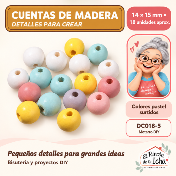 Cuentas de madera – Colores pastel surtidos – 14 × 15 mm – 18 unidades aprox.