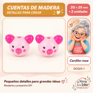 DC023-1 Cuentas de madera con orejitas – Cerdito rosa – 20 × 25 mm – 2 unidades