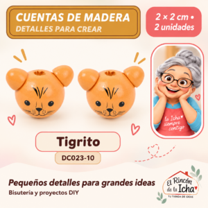 DC023-10 Cuentas de madera con orejitas – Tigrito – 2 × 2 cm – 2 unidades