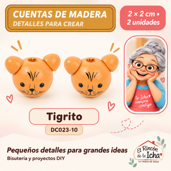 Cuentas de madera con orejitas – Tigrito – 2 × 2 cm – 2 unidades