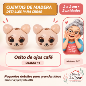 DC023-11 Cuentas de madera con orejitas – Osito de ojos café – 2 × 2 cm – 2 unidades