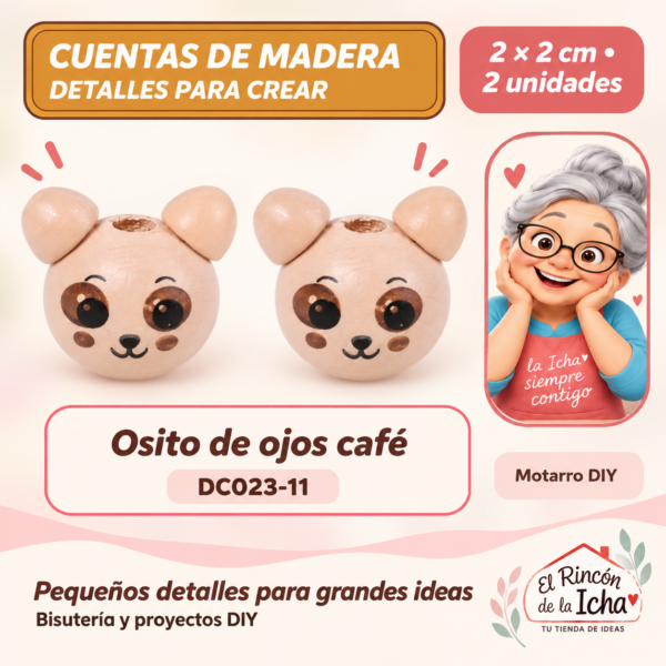 Cuentas de madera con orejitas – Osito de ojos café – 2 × 2 cm – 2 unidades