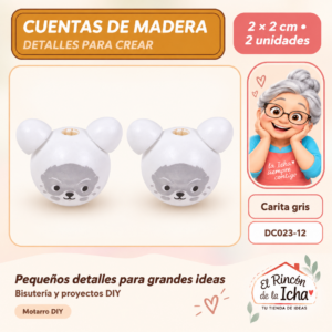 DC023-12 Cuentas de madera con orejitas – Carita gris – 2 × 2 cm – 2 unidades