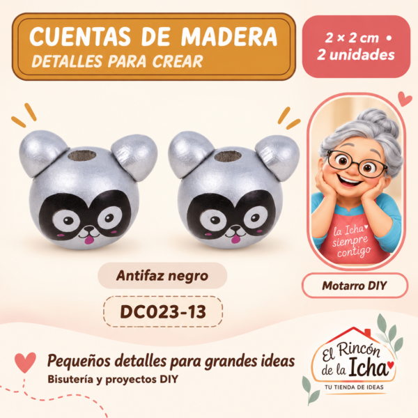 Cuentas de madera con orejitas – Antifaz negro – 2 × 2 cm – 2 unidades