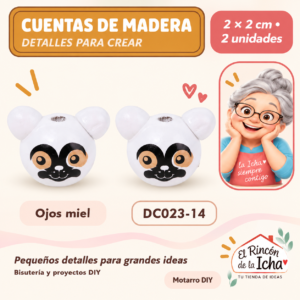 DC023-14 Cuentas de madera con orejitas – Ojos miel – 2 × 2 cm – 2 unidades