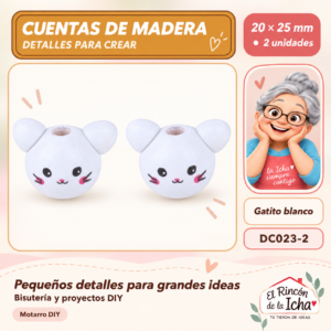 DC023-2 Cuentas de madera con orejitas – Gatito blanco – 20 × 25 mm – 2 unidades