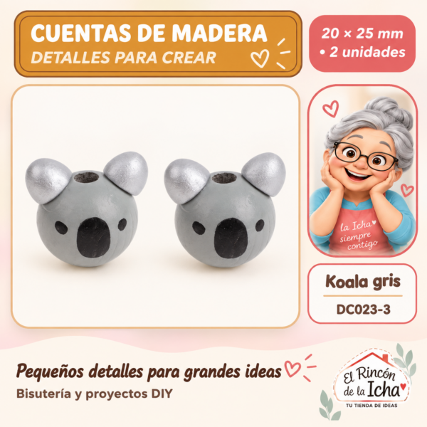 Cuentas de madera con orejitas – Koala gris – 20 × 25 mm – 2 unidades