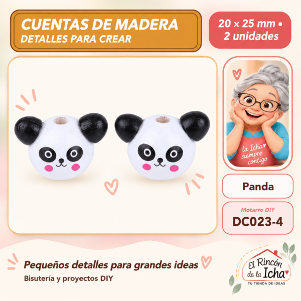 Cuentas de madera con orejitas – Panda – 20 × 25 mm – 2 unidades