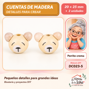 DC023-5 Cuentas de madera con orejitas – Perrito crema – 20 × 25 mm – 2 unidades