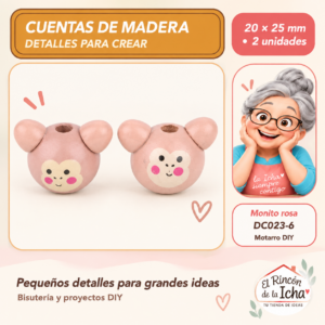DC023-6 Cuentas de madera con orejitas – Monito rosa – 20 × 25 mm – 2 unidades