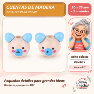 DC023-7 Cuentas de madera con orejitas – Osito celeste – 20 × 25 mm – 2 unidades