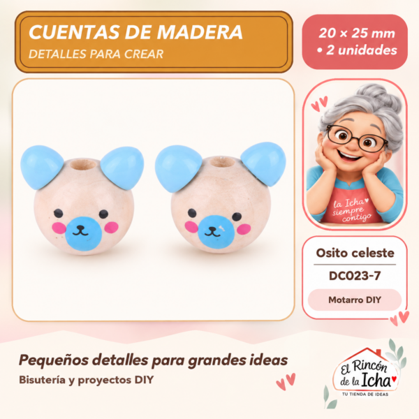 Cuentas de madera con orejitas – Osito celeste – 20 × 25 mm – 2 unidades