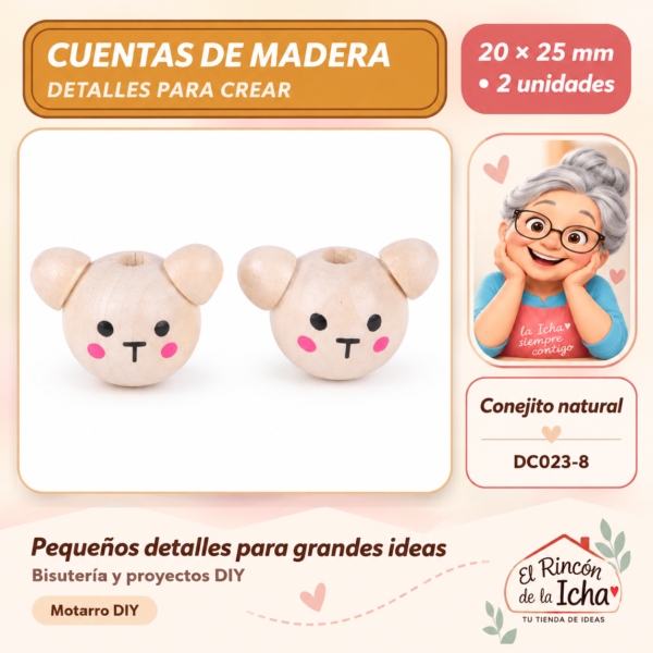 Cuentas de madera con orejitas – Conejito natural – 20 × 25 mm – 2 unidades