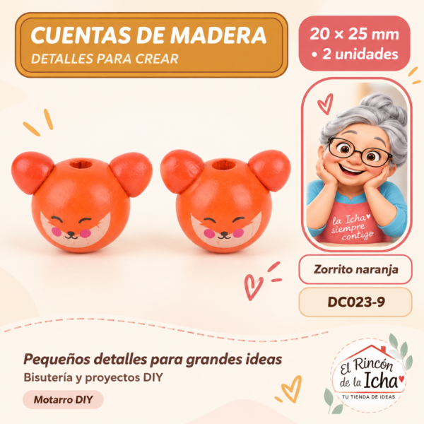 Cuentas de madera con orejitas – Zorrito naranja – 20 × 25 mm – 2 unidades