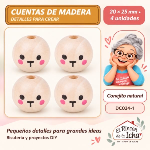 Cuentas de madera con carita – Conejito natural – 20 × 25 mm – 4 unidades