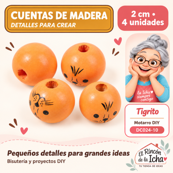 Cuentas de madera con carita – Tigrito – 2 cm – 4 unidades