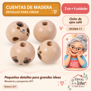 DC024-11 Cuentas de madera con carita – Osito de ojos café – 2 cm – 4 unidades