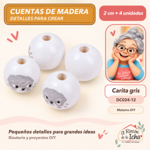DC024-12 Cuentas de madera con carita – Carita gris – 2 cm – 4 unidades