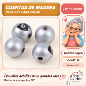 DC024-13 Cuentas de madera con carita – Antifaz negro – 2 cm – 4 unidades