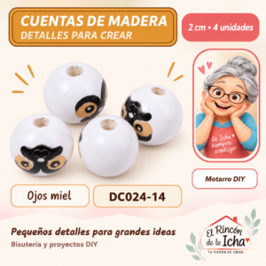 DC024-14 Cuentas de madera con carita – Ojos miel – 2 cm – 4 unidades