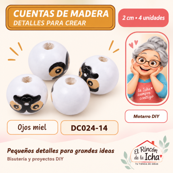 Cuentas de madera con carita – Ojos miel – 2 cm – 4 unidades