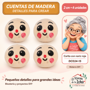 DC024-15 Cuentas de madera – Carita con nariz roja – 2 cm – 4 unidades
