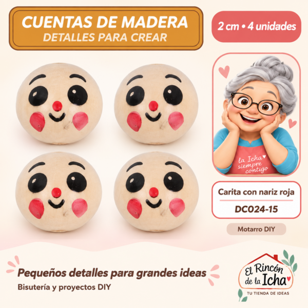 Cuentas de madera – Carita con nariz roja – 2 cm – 4 unidades