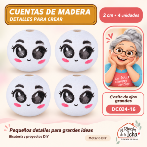 DC024-16 Cuentas de madera – Carita de ojos grandes – 2 cm – 4 unidades