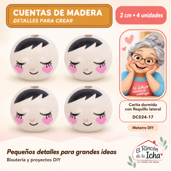 DC024-17 Cuentas de madera – Carita dormida con flequillo lateral – 2 cm – 4 unidades