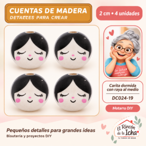 DC024-19 Cuentas de madera – Carita dormida con raya al medio – 2 cm – 4 unidades