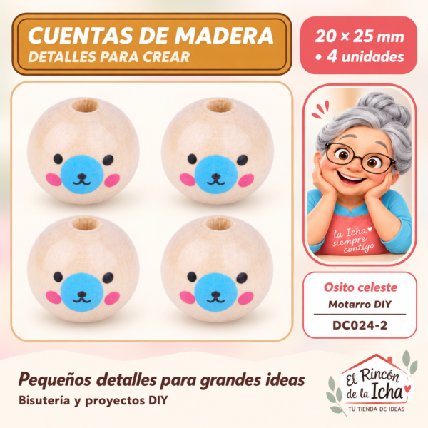 Cuentas de madera con carita – Osito celeste – 20 × 25 mm – 4 unidades